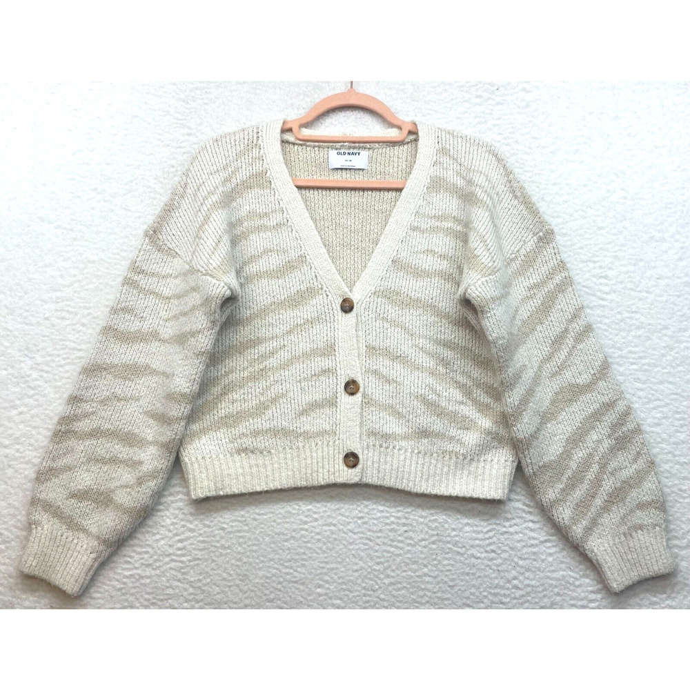 Old Navy Sweater Womens XXL Cream Tan Crop Cardigan Knit Cozy Grandmacore Animal